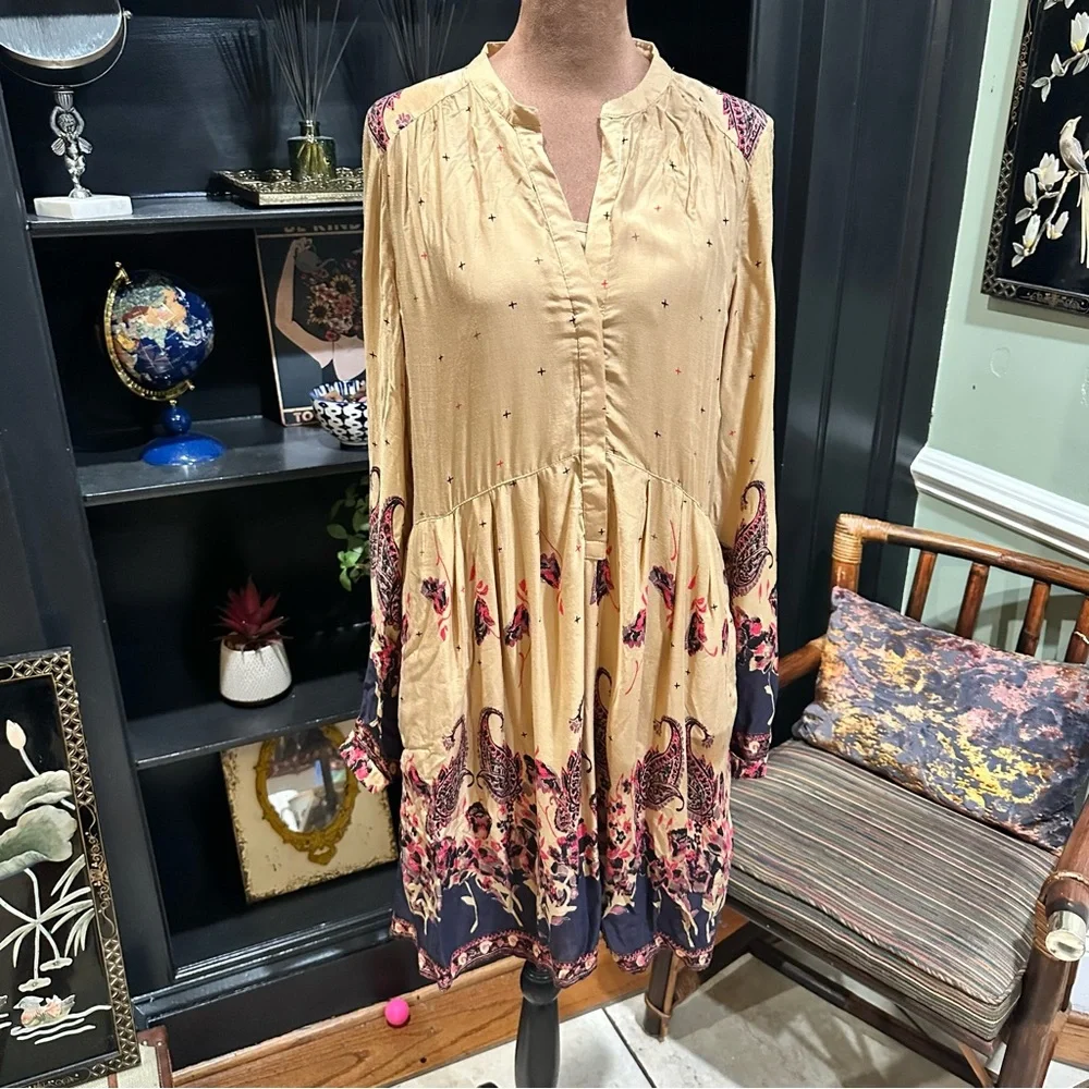 Free People Sierra Valley Shirt Dress – Gold Combo, Paisley Floral, Size Medium